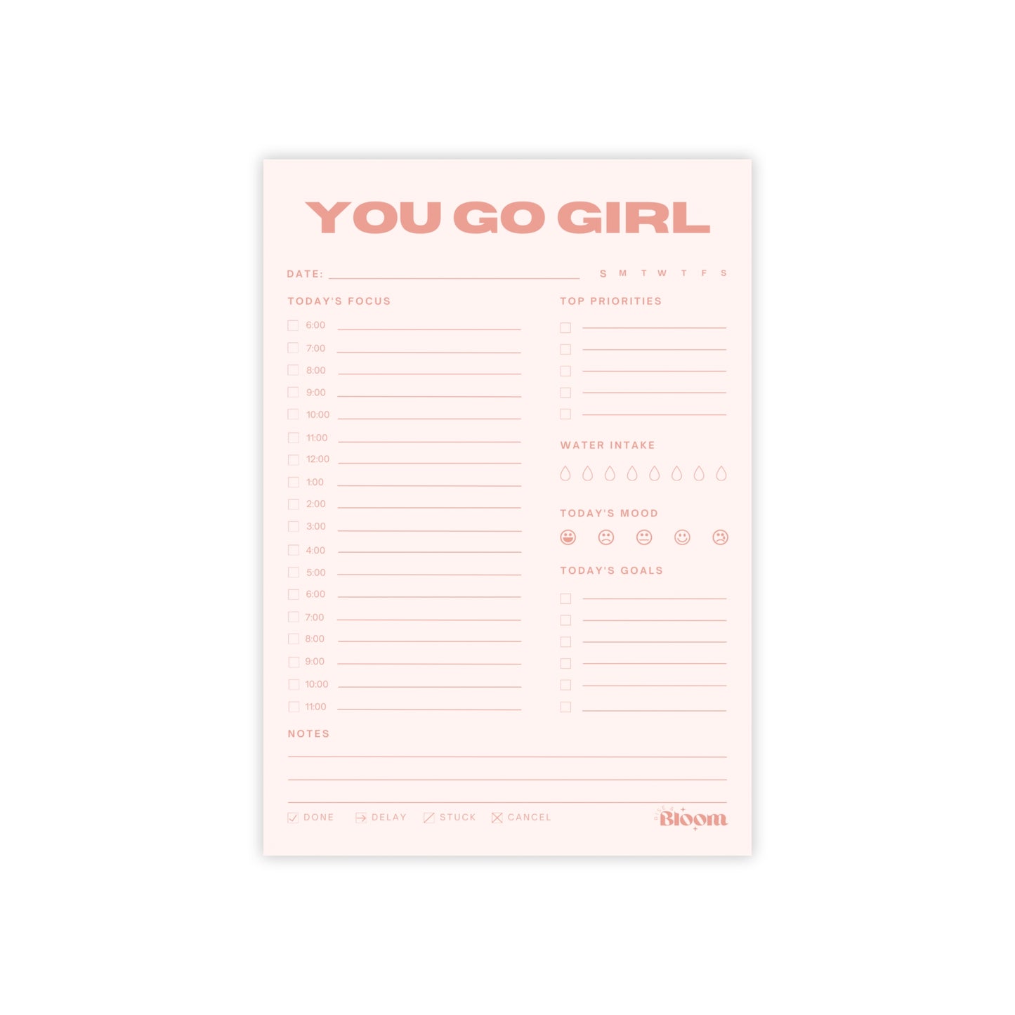 You Go Girl Daily Sticky Notepad Planner - Blush Pink