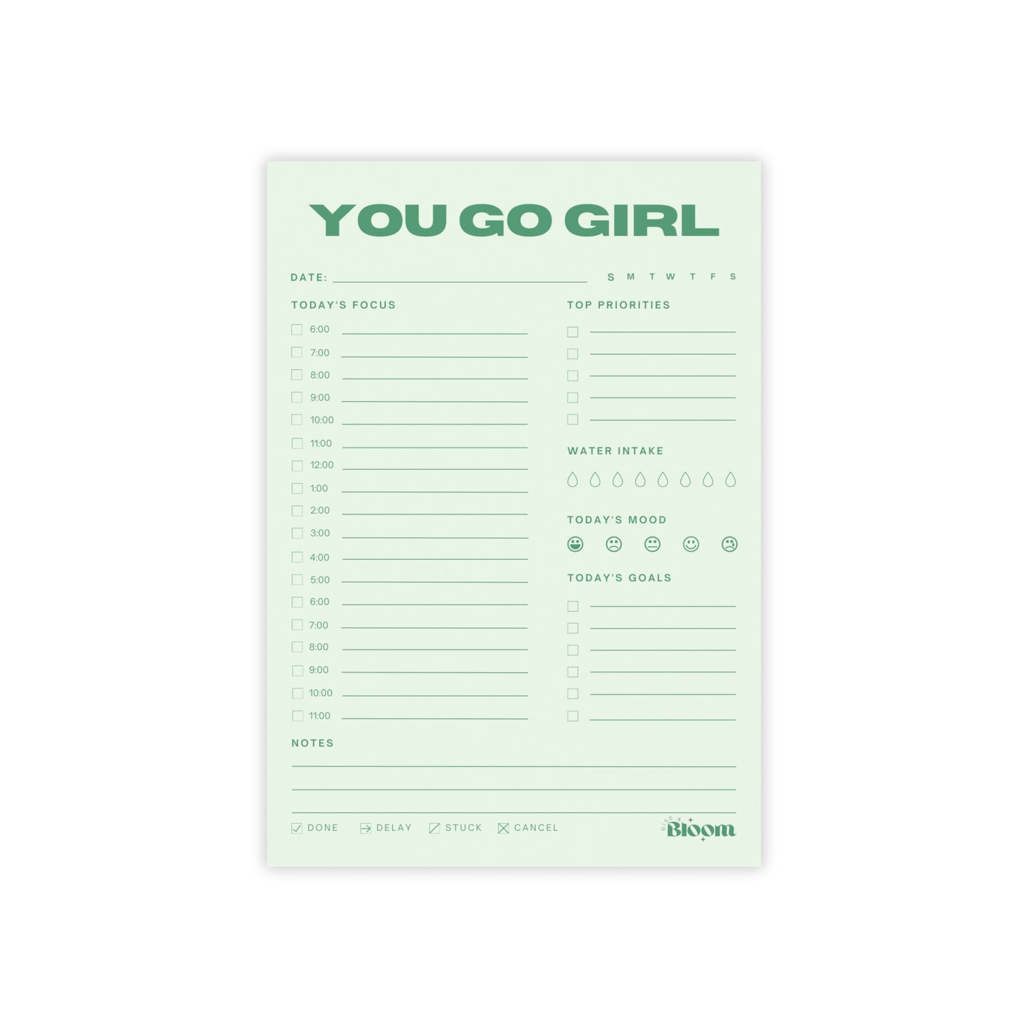 You Go Girl Daily Sticky Notepad Planner - Sage Green